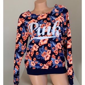Victoria’s Secret PINK Blue Tropical Floral Slouchy Crew Neck Sweat Shirt Top S